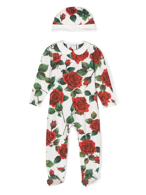 Logo-embroidered floral-print babygrow set - White