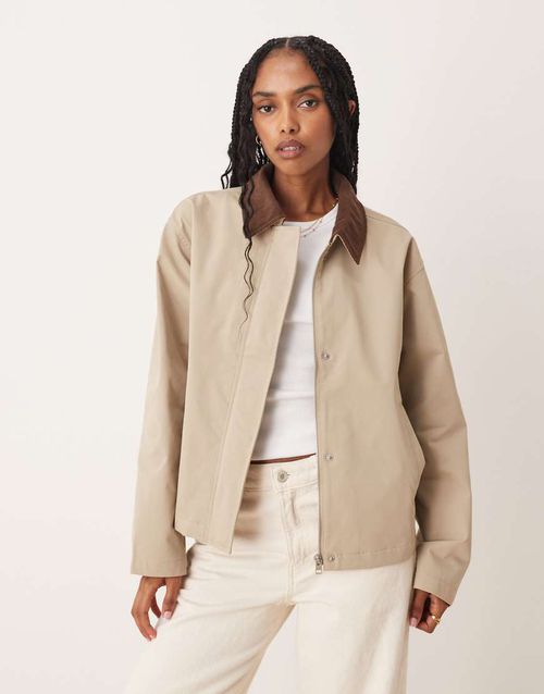 Workwear barn jacket in cream with cord collar-White