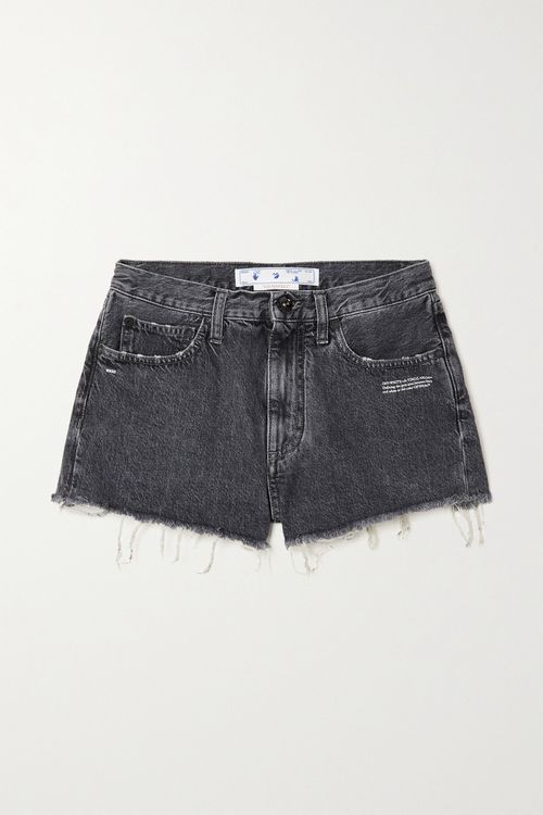 Frayed Printed Denim Shorts - Dark gray - 24