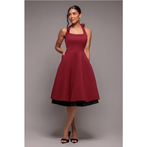 Goddiva Women's Contrast Organza Frill Bow Back Halter Midi Dress in Burgundy