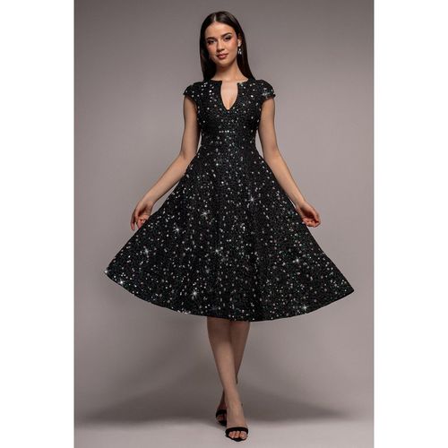Goddiva Bead Embellished Jacquard A Line Midi Dress - Black