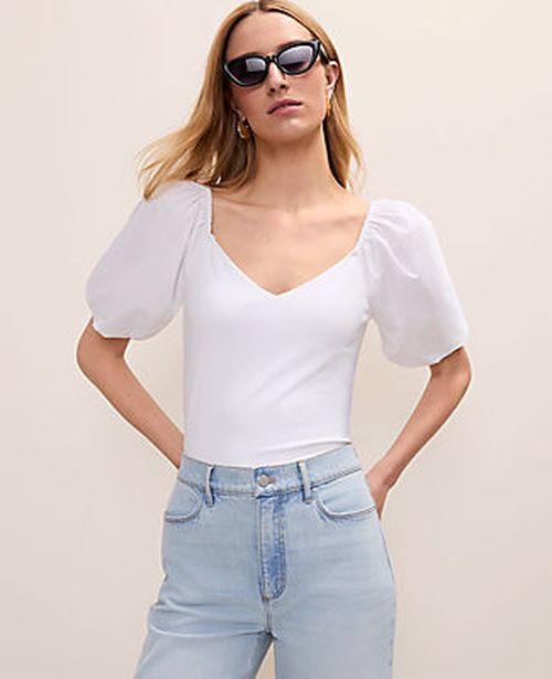 Ann Taylor Mixed Media Puff Sleeve Top