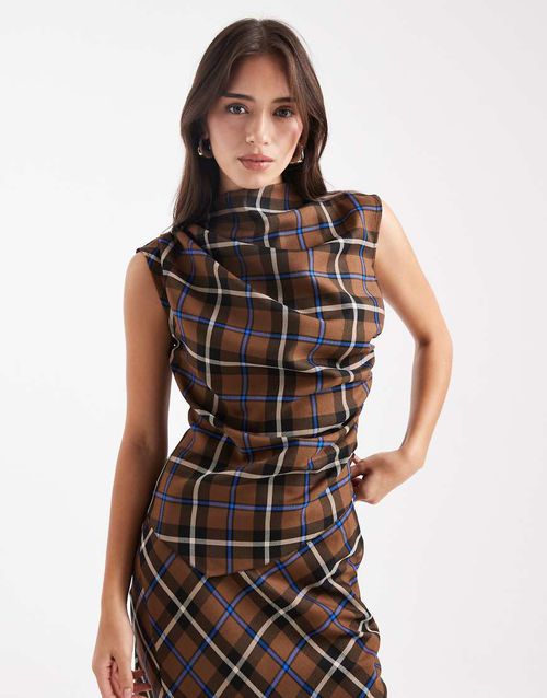 High neck ruched detail sleeveless co-ord top in brown check-Multi