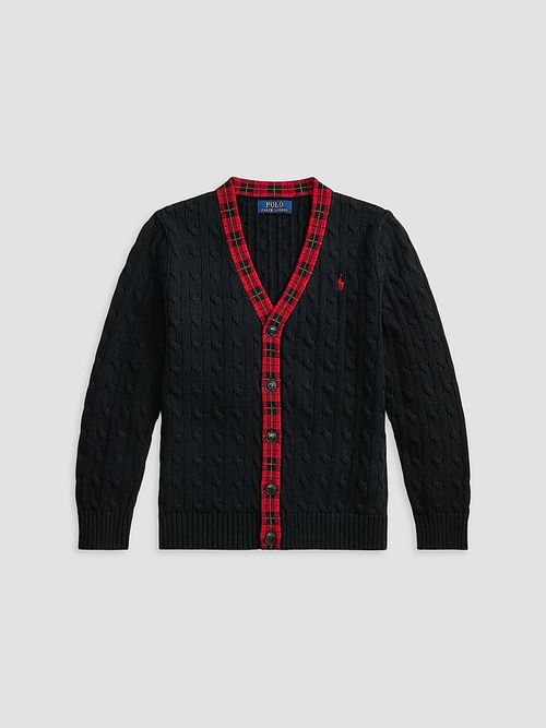 Boy's Little Boy's & Boy's Plaid-Trim Cable Cotton Cardigan - Polo Black Multi