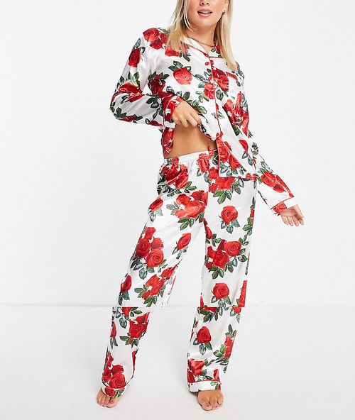 Satin rose print pyjama set-White