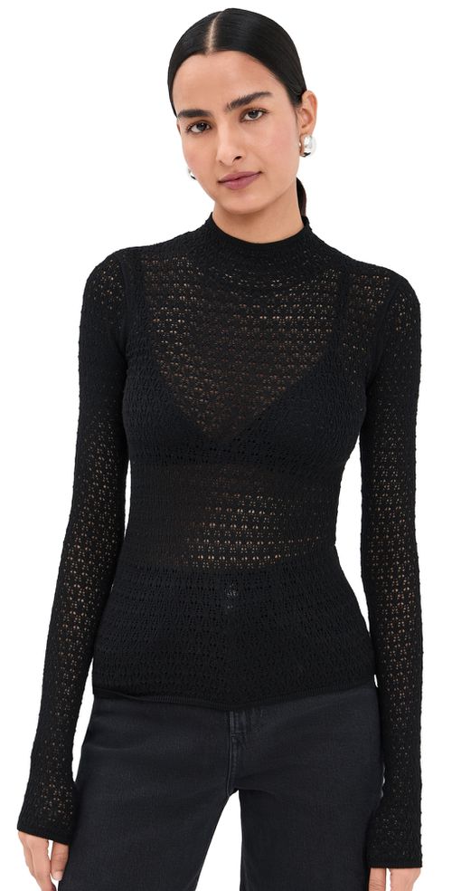 Marlo Lace-Like Fitted Mock Neck Tee Black