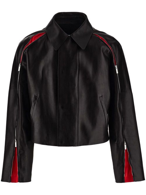Contrasting-panels zip-up leather jacket - Black