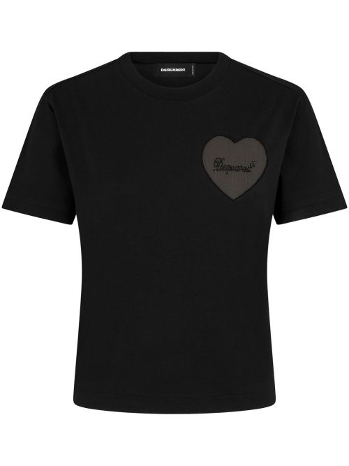 Heart-Appliqué Cotton T-shirt — Black