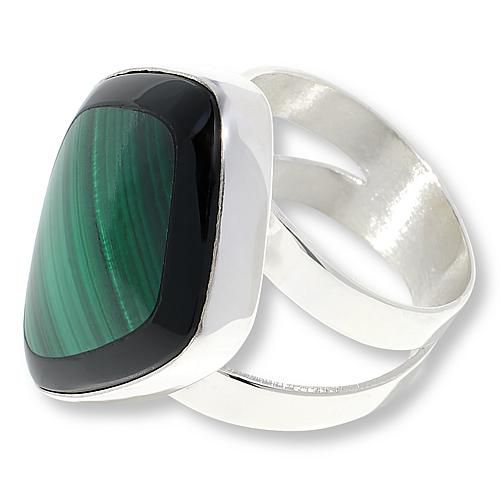 Sterling Silver Black Chalcedony and Malachite Inlay Ring - Silver
