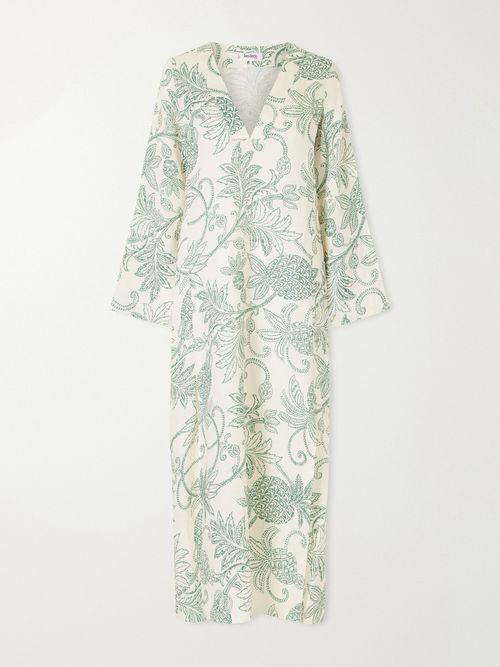 Theodora Printed Linen Maxi Dress - Green