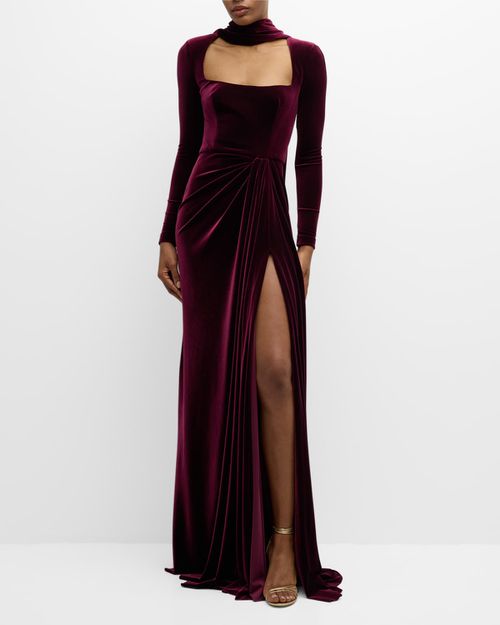 Square-Neck Long-Sleeve Velvet Scarf Gown