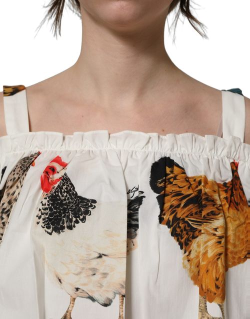 Rooster-Print Cotton Poplin Blouse — White