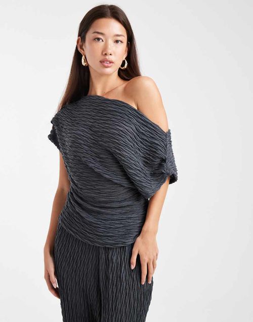 Textured jersey off shoulder drapey top co-ord in asphalt grey