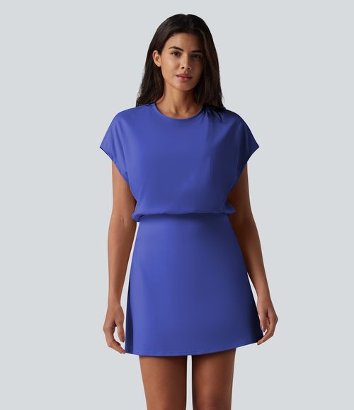 SoftlyZero™ Airy Round Neck Short Sleeve 2-in-1 Cool Touch Mini Yoga Active Dress with Pockets-Easy Peezy Edition Workout Dress - Aster Blue