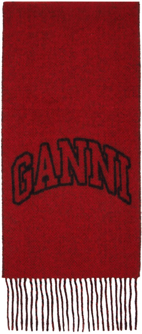 GANNI Red Fringed Wool Scarf