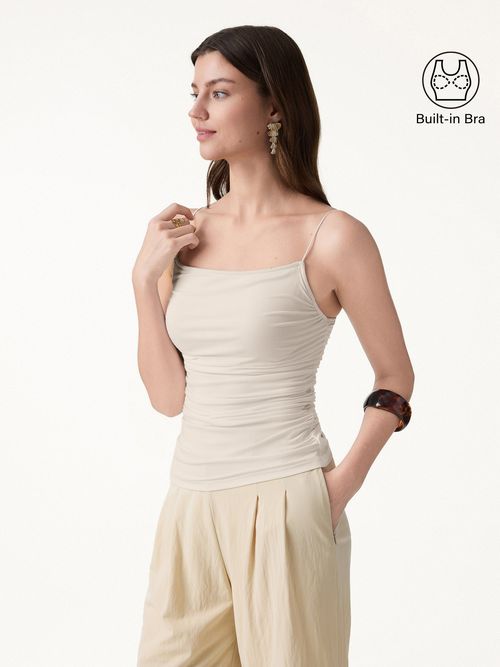 Square Neck Ruched Spaghetti Bra Top - Fog