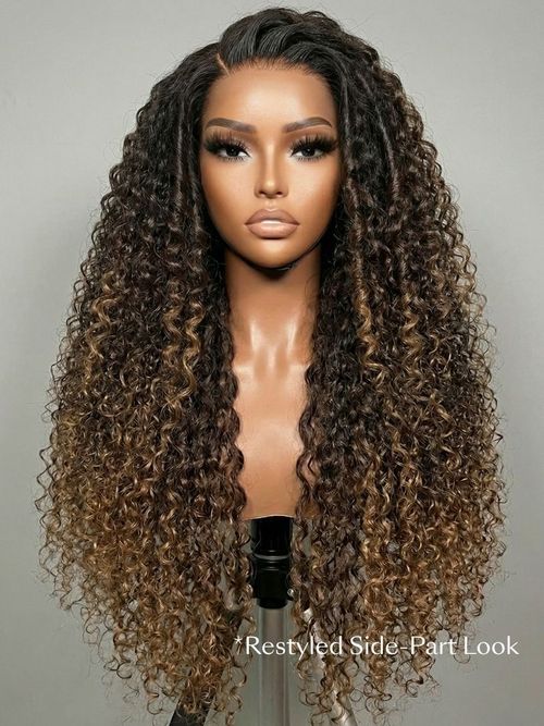 7x5 Bye Bye Slip™ Glueless Lace Dark Brown to Caramel Ombre with Dark Roots Jerry Curly Wig with Spiral Cur