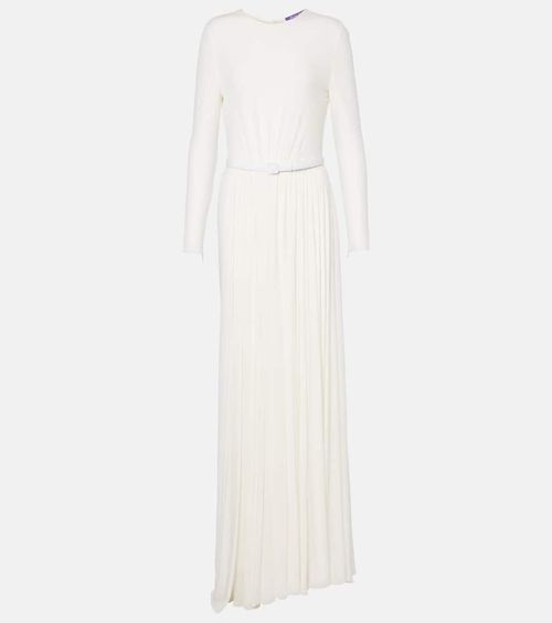 Shirred leather-trimmed maxi dress