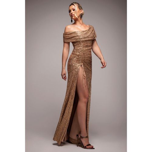 Goddiva Off The Shoulder Sequin Cowl Drawstring Maxi Dress - Gold