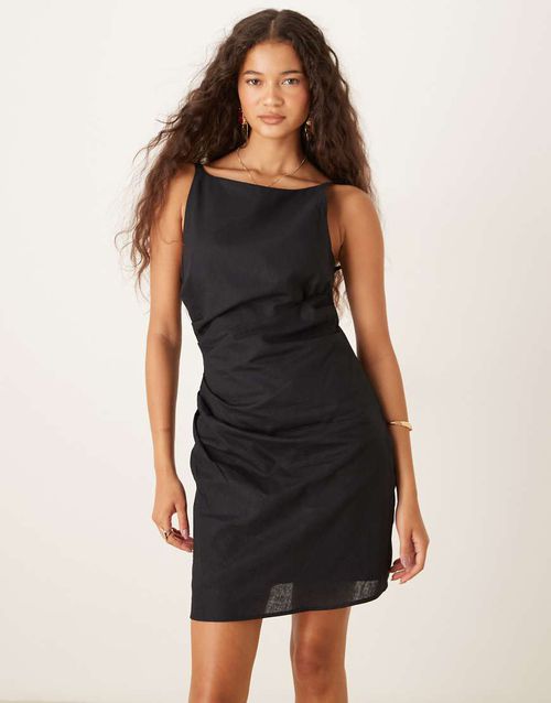 Ruched side high scoop neck mini dress in black