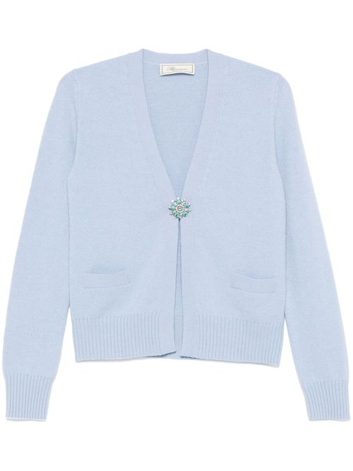Crystal-embellished brooch cardigan - Blue