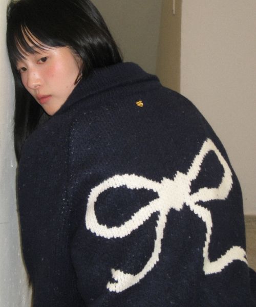BACK HEART RIBBON COWICHAN KNIT ZIP UP DARK NAVY