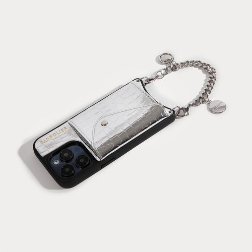 Kelsey Wristlet in Silver Croc/Silver | iPhone 14 Pro | Genuine Leather |