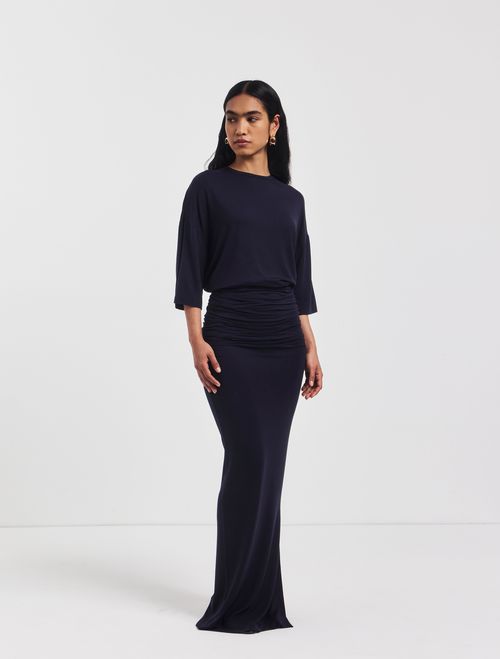 Leah Ruched Maxi Skirt in Darkest Navy - MicroModal