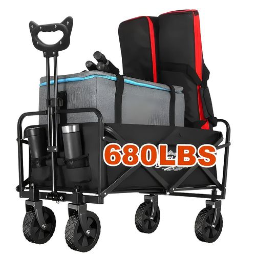 TEMU 100-680 Lbs, Folding Trolley, Large Capacity Camping Shopping Trolley, Multi-functional Camping, Gardening And Beach Shopping Trolley, Black