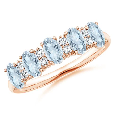 Angara 1.0 Carat Five Stone Aquamarine and Diamond Wedding Ring in 14K Rose Gold