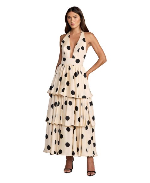 Women's Polka Dot Halter Neck Ruffle Maxi Dress - Black ivory