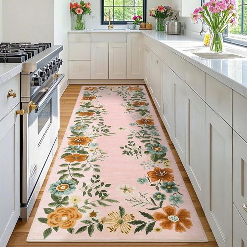 Garvee Floral Pink 2x6 Runner Rug Washable Rug, Non-Slip Non-Shedding Kitchen Carpet, Low Pile Stain-Resistant Foldable Soft Carpet for Entryway, Laundry Room, Bathroo