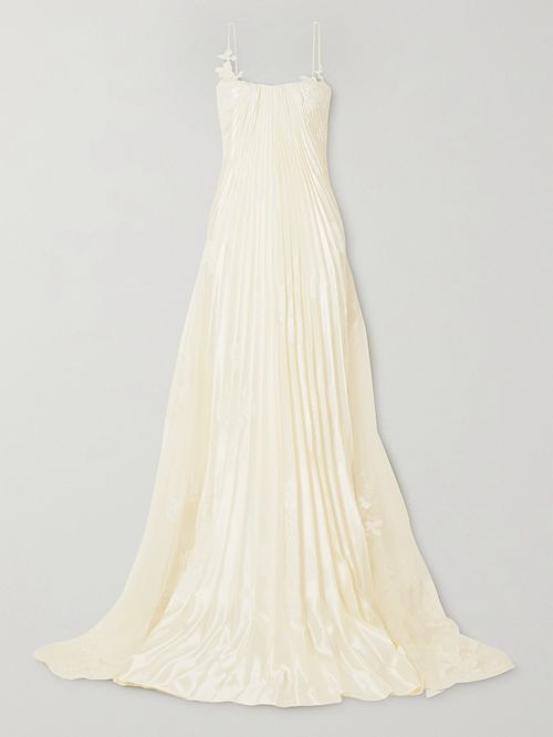 Scarlet Lace-trimmed Pleated Satin And Tulle Gown - White