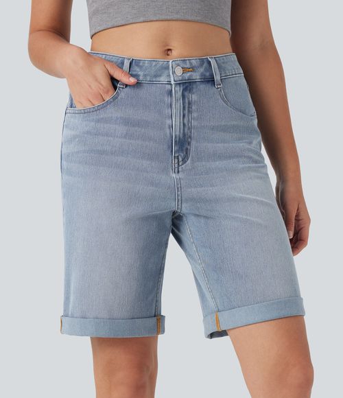 Flex™ High Waisted Pockets Rolled Hem Washed Denim Casual Bermuda Shorts  - Malibu Blue Denim