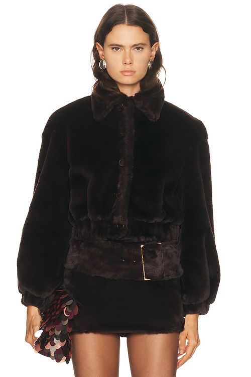 Rowen Rose Bomber Jacket in Brown Faux Fur - Chocolate. M also in