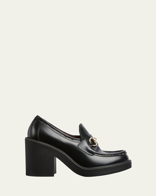 Leather Horsebit Heeled Loafers