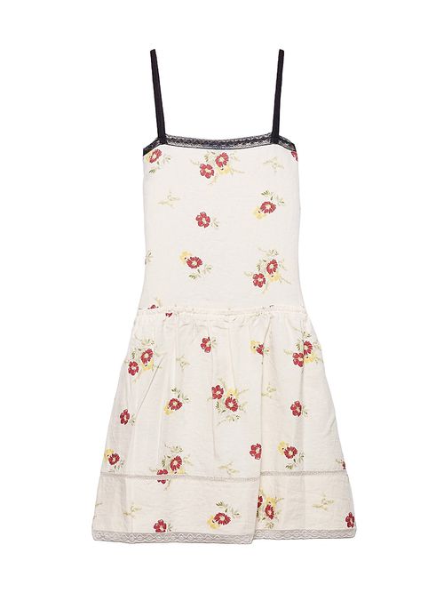 Women's Embroidered Linen Mini-Dress with Floral Motif - Red
