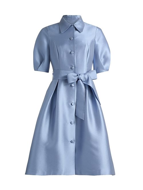 Women's Tie-Waist Faille Knee-Length Shirtdress - Powder Blue