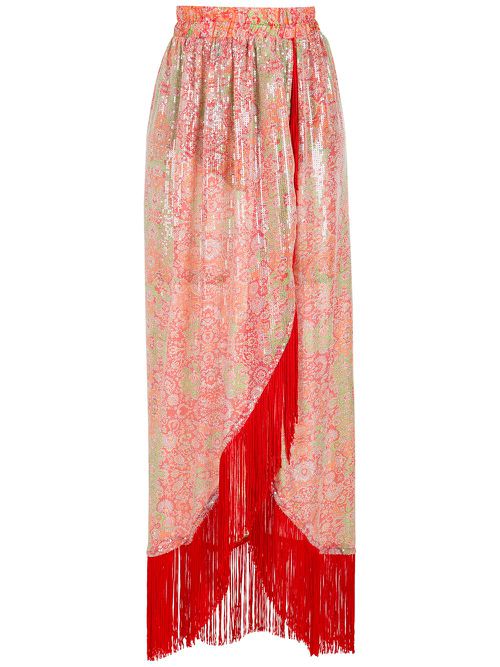 Paisley-print wrap fringe skirt - Red