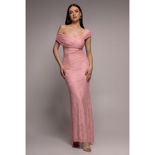 Goddiva One Shoulder Pleated Bardot Lace Maxi Dress - Blush Pink