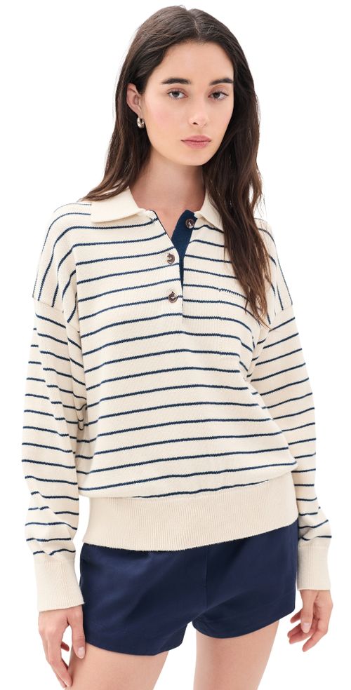 Cotton Striped Polo Ivory/Navy Stripe