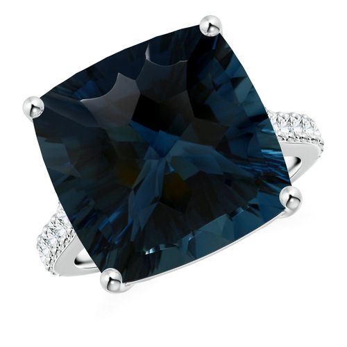 Angara 16.12 Carats GIA Certified Cushion London Blue Topaz Cocktail Ring with Diamonds in Platinum