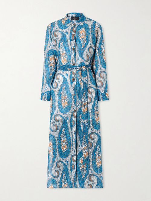 Belted Paisley-print Cotton-voile Midi Shirt Dress - Blue