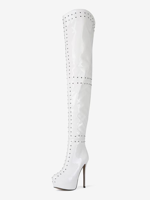White High Heel Over The Knee Boots Platform Studed Stiletto Heel Thigh High Boot