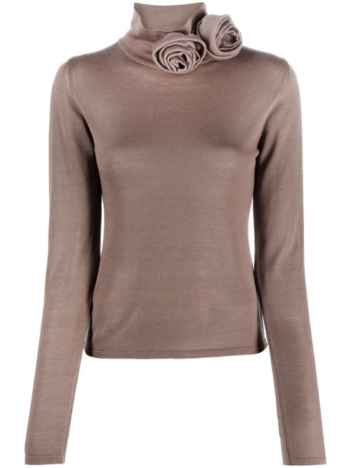 Floral-appliqué fine-knit T-shirt - Brown