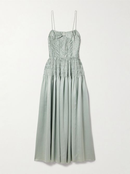 Ambrosia Bow-detailed Shirred Silk-satin Midi Dress - Blue