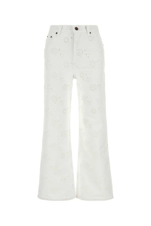 Eyelet-Embroidered Denim Jeans — White