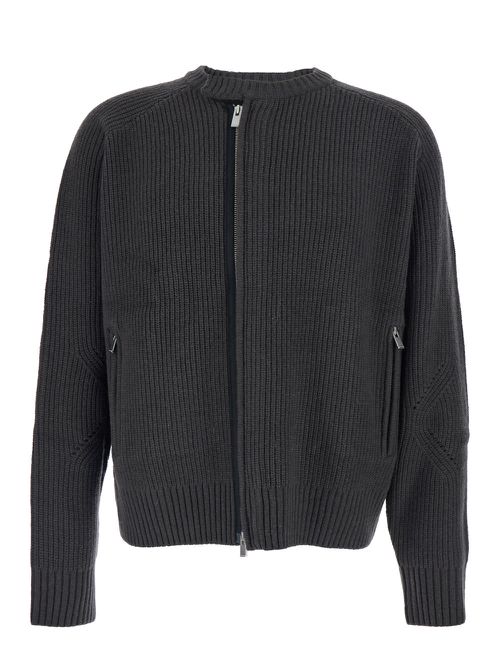 Grey Crew Neck Cardigan With Ribbed Design In Wool Man