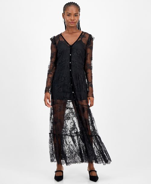 Women's Lace Velvet-Trim Maxi Dress, Macy's Exclusive - Deep Black