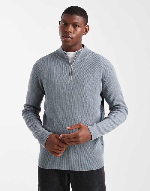 Knitted half zip ribbed jumper in grey